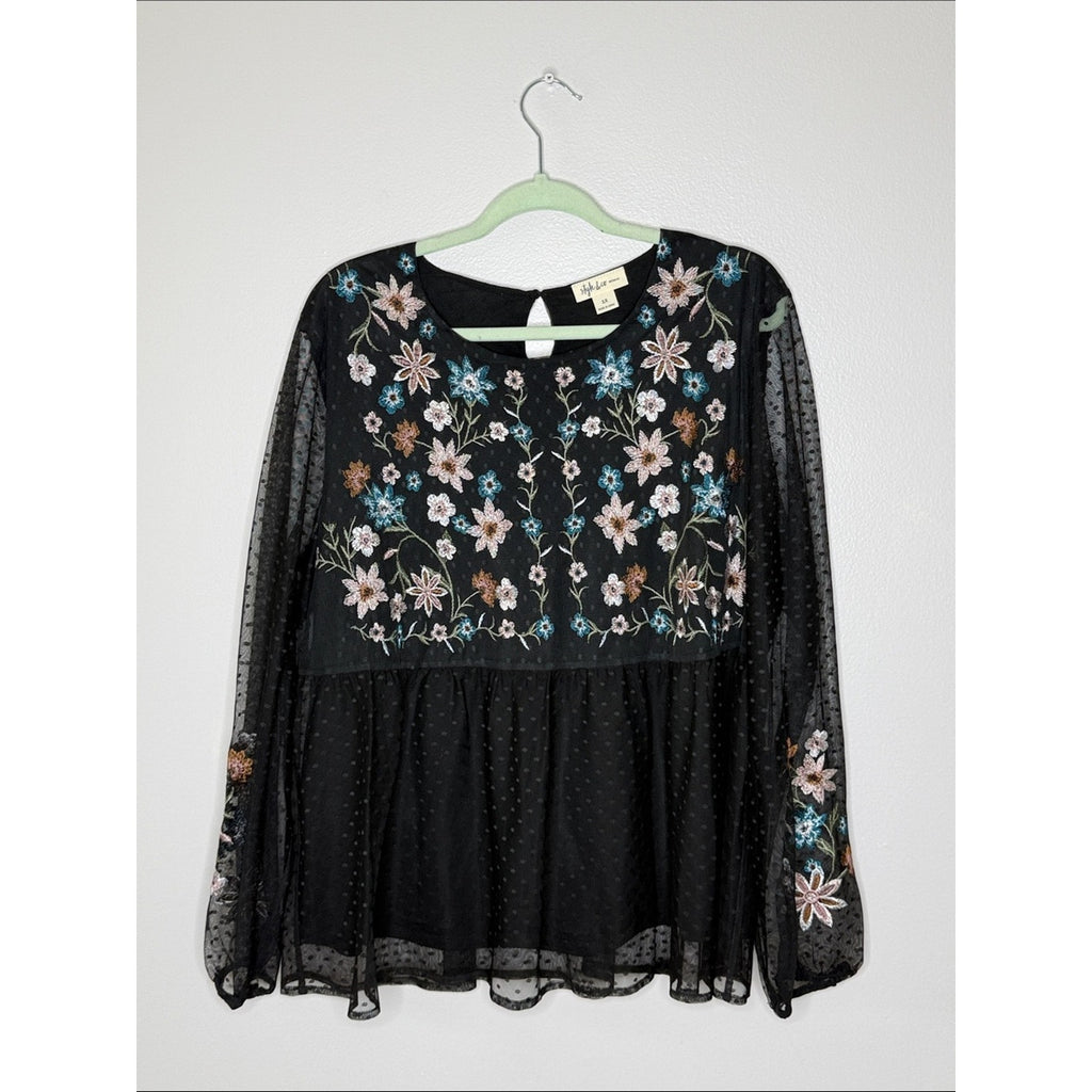 Style & Co. Black Sheer Blouse with Multicolor Floral Embroidery Size 1X