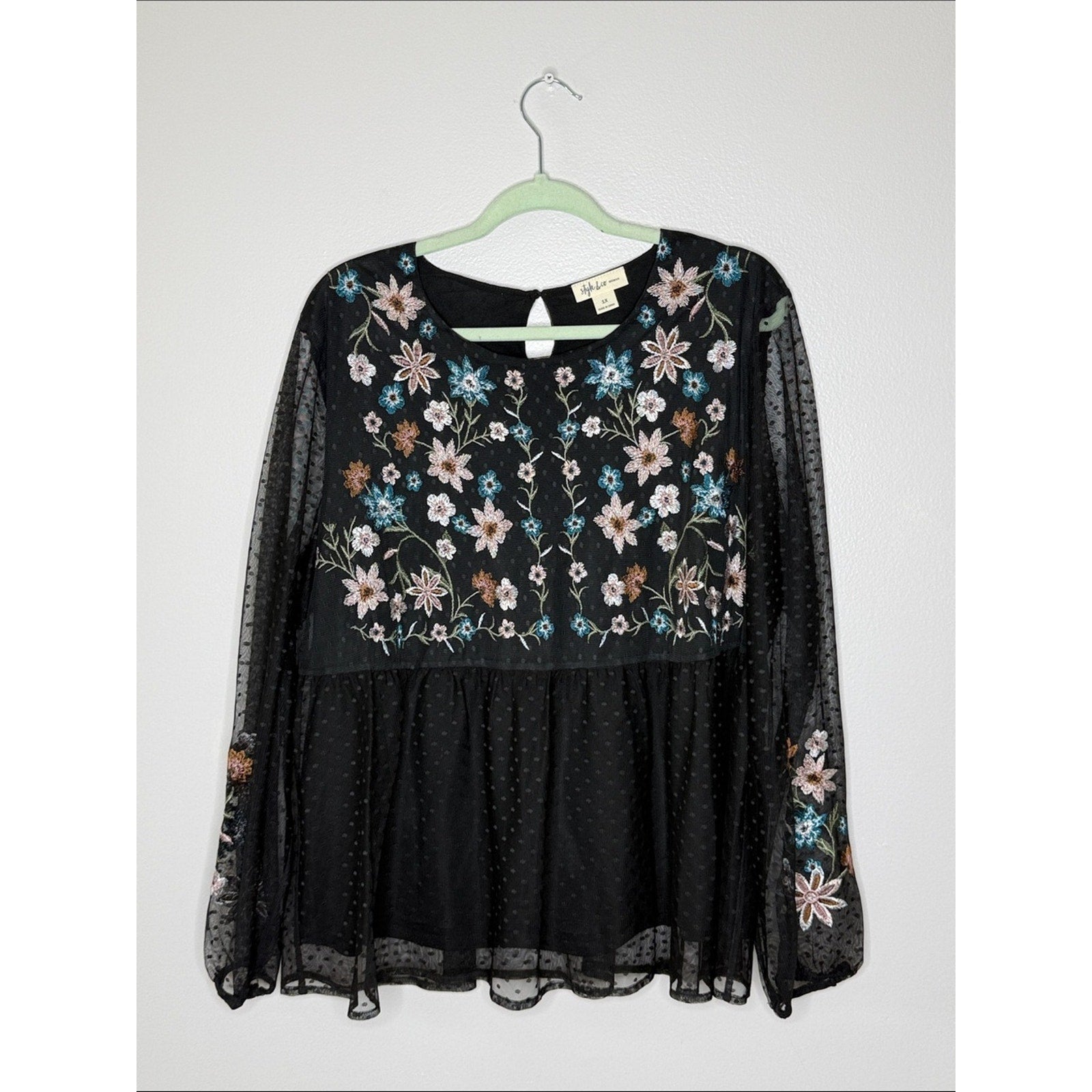 Style & Co. Black Sheer Blouse with Multicolor Floral Embroidery Size 1X