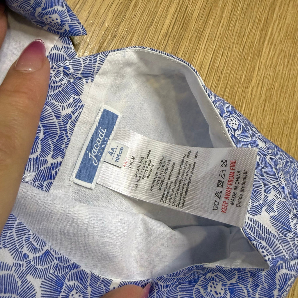 Jacadi Paris Girl's Blue and White Floral Rosace Print Cotton Pleated Skater Dress Size 4 Years