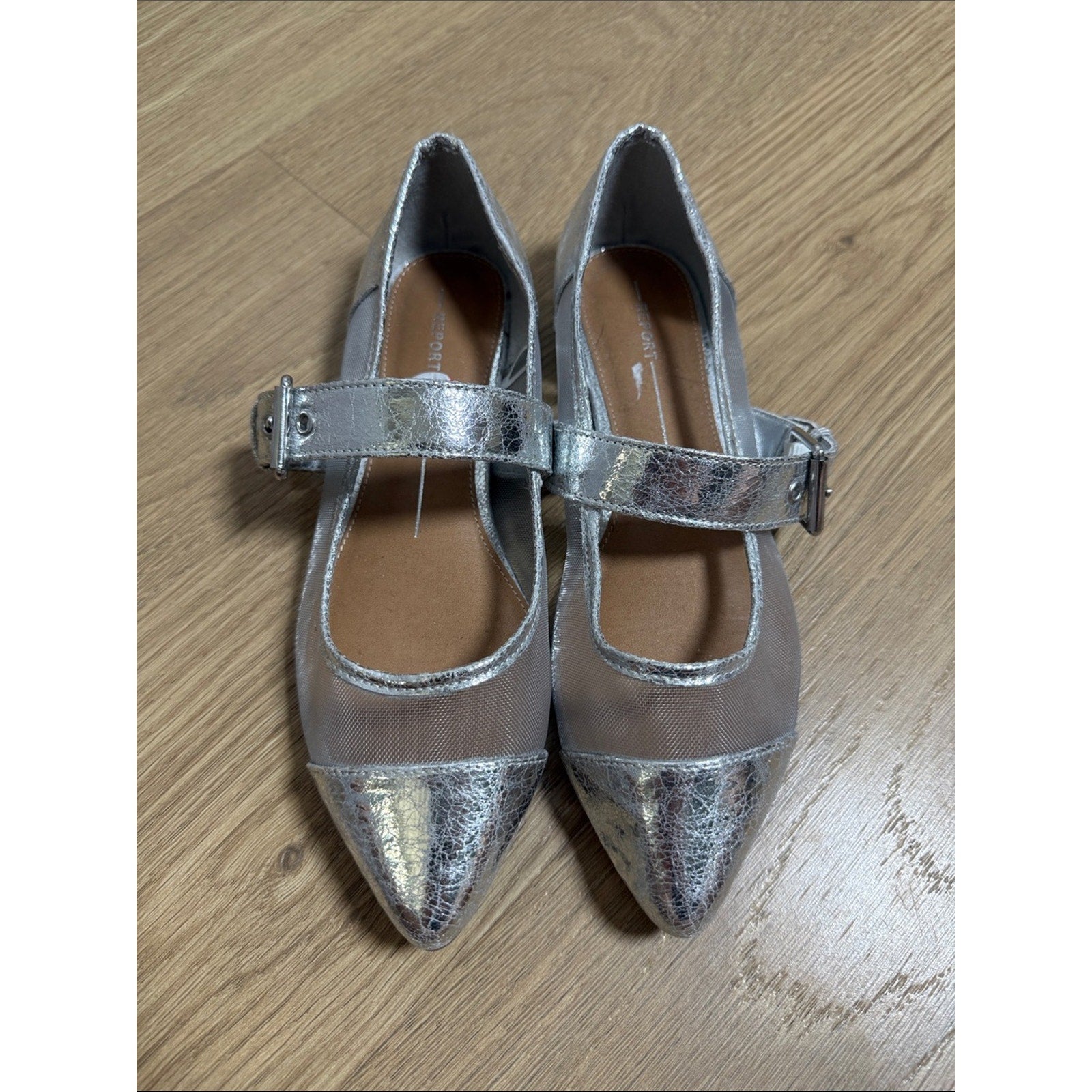 Report Metallic Silver Pointed Mary Jane Flats Size 7