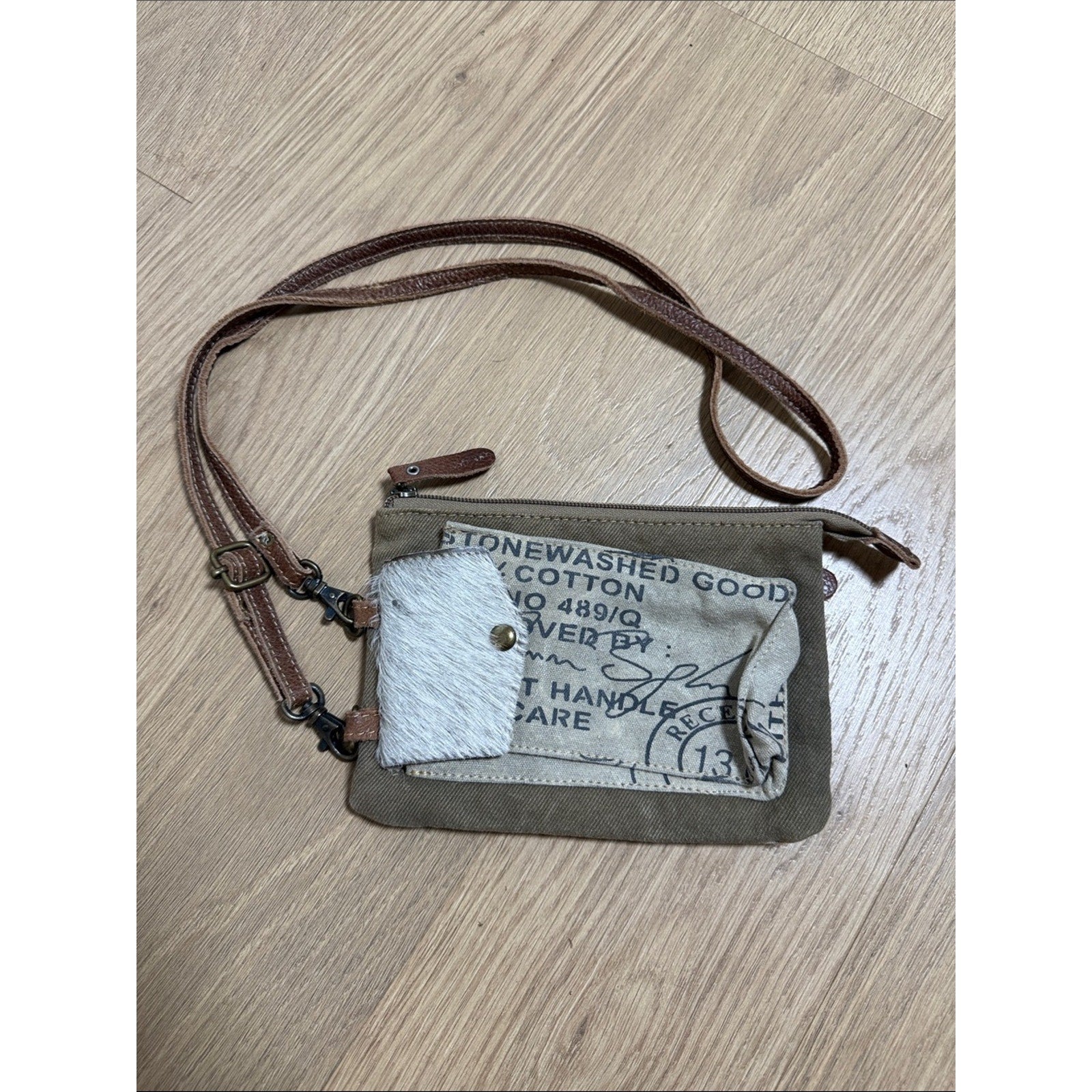 Myra Bag Canvas Crossbody Bag with Leather Strap and Hair-On Patch