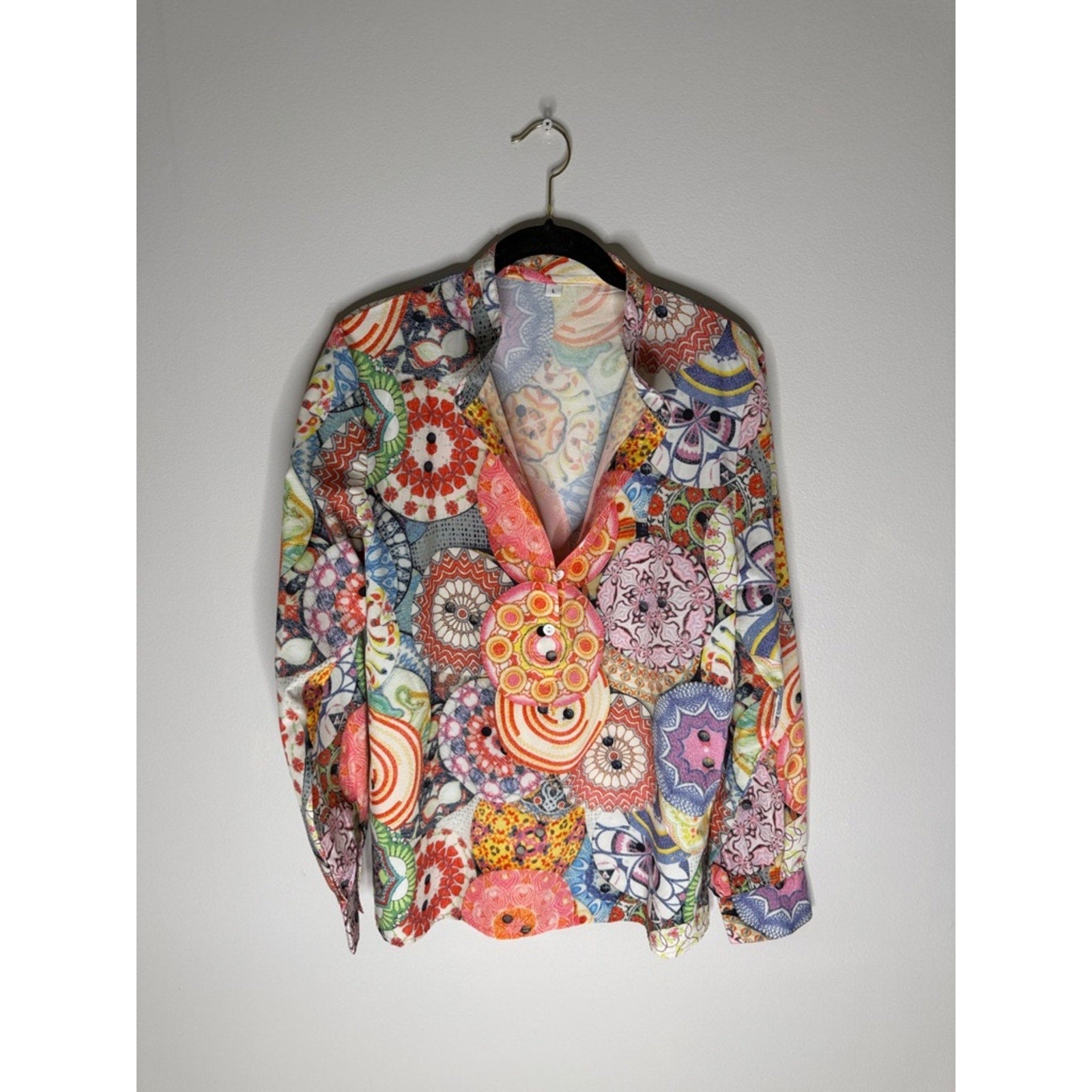 Colorful Kaleidoscope Print Button-Up Blouse Size Large