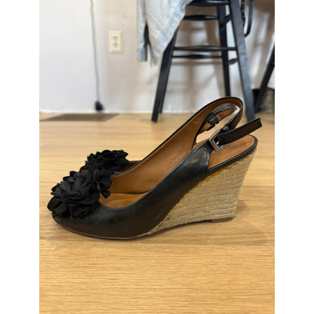 Franco Sarto L Salem Black Nubia Floral Accent Wedge Slingback Heels Size 9