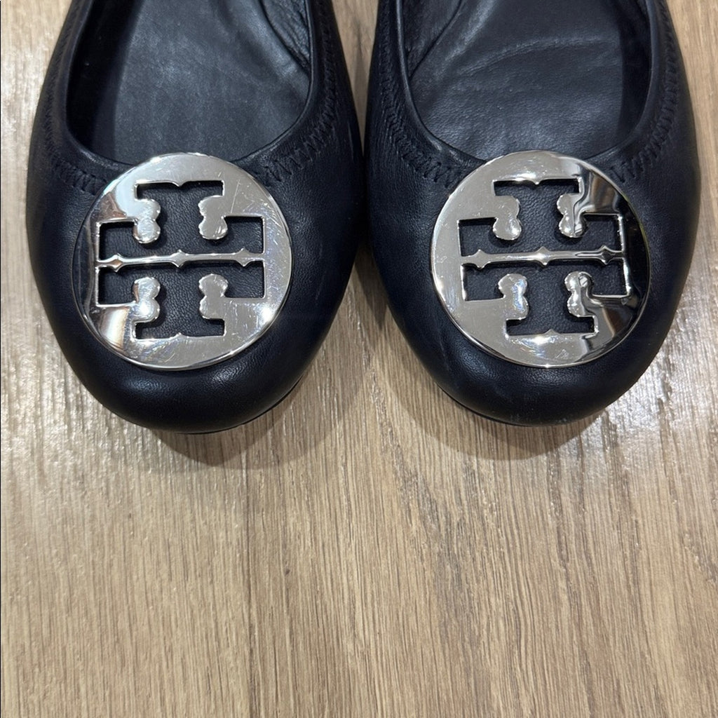 Tory Burch Black Travel Reva Ballet Flats with Silver Logo Size 9.5