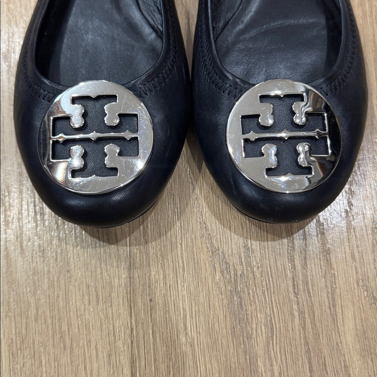 Tory Burch Black Travel Reva Ballet Flats with Silver Logo Size 9.5