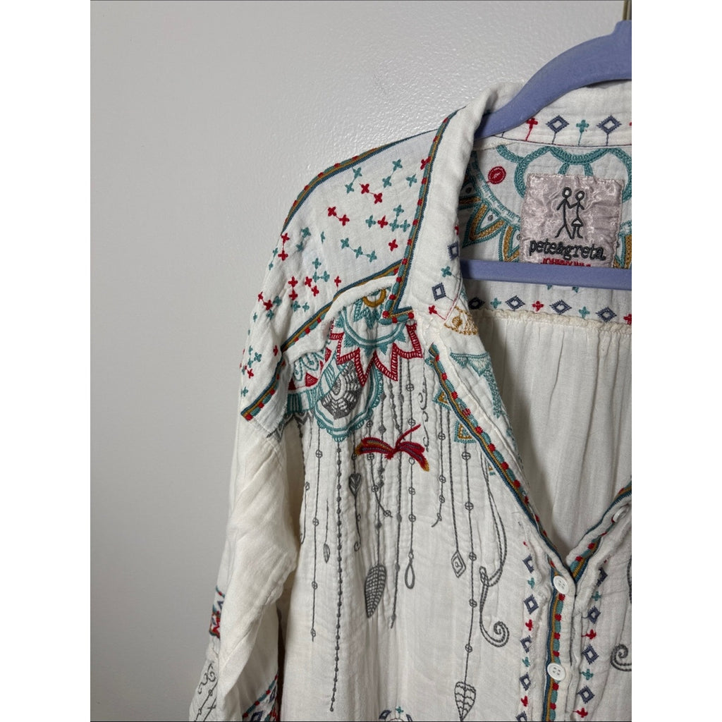 Johnny Was Pete & Greta Cream Embroidered Button-Down with Red and Teal Accents