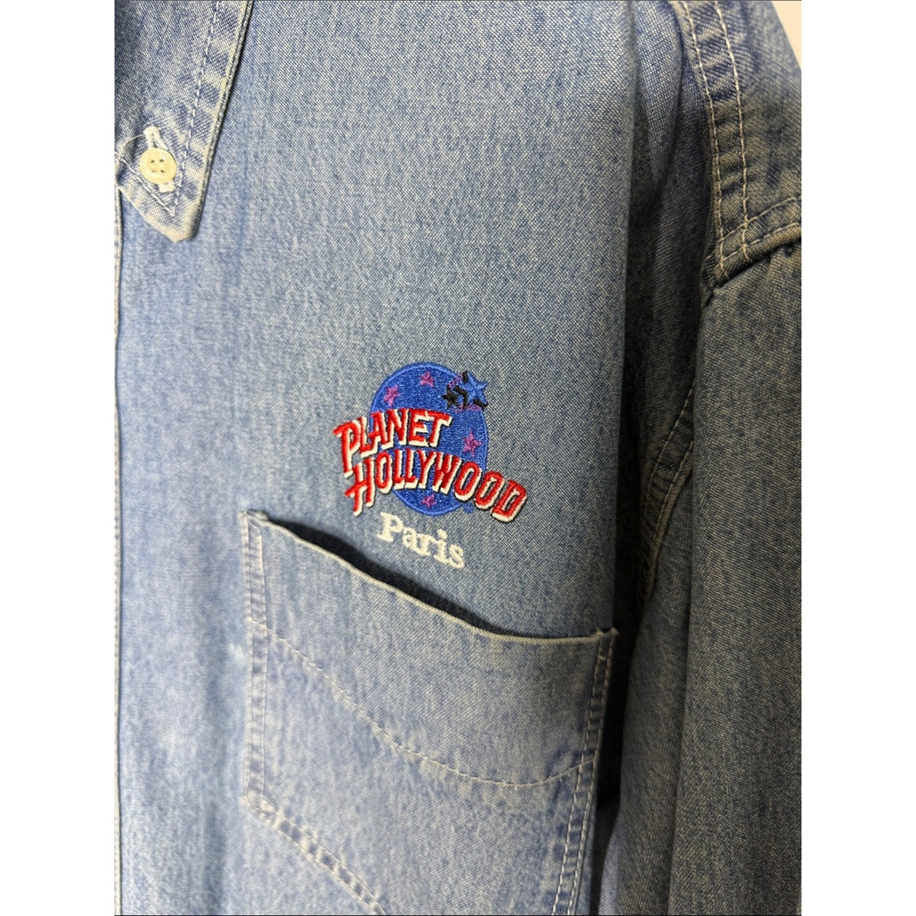 Planet Hollywood Paris Denim Button-Down Shirt with Embroidered Logo Large