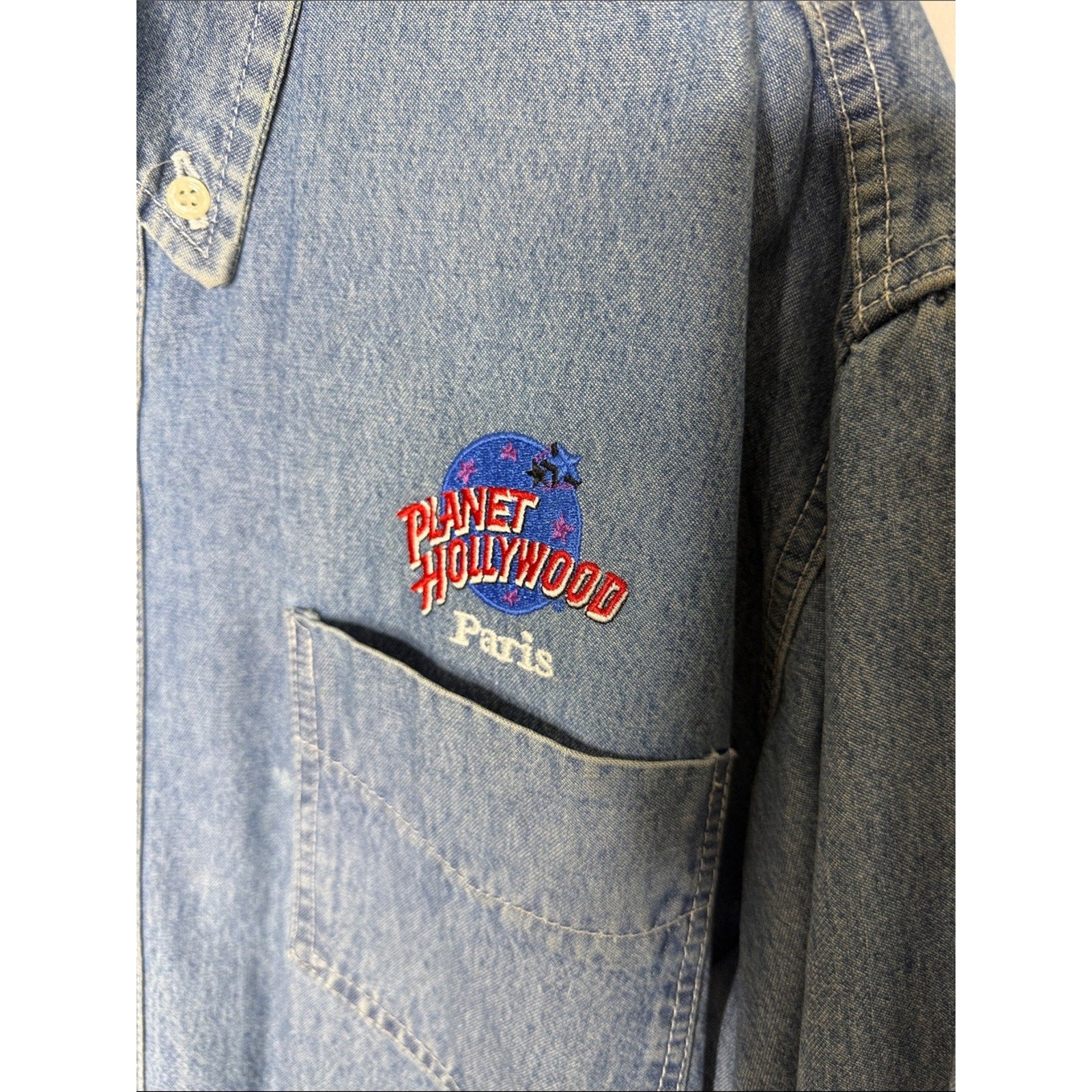 Planet Hollywood Paris Denim Button-Down Shirt with Embroidered Logo Large