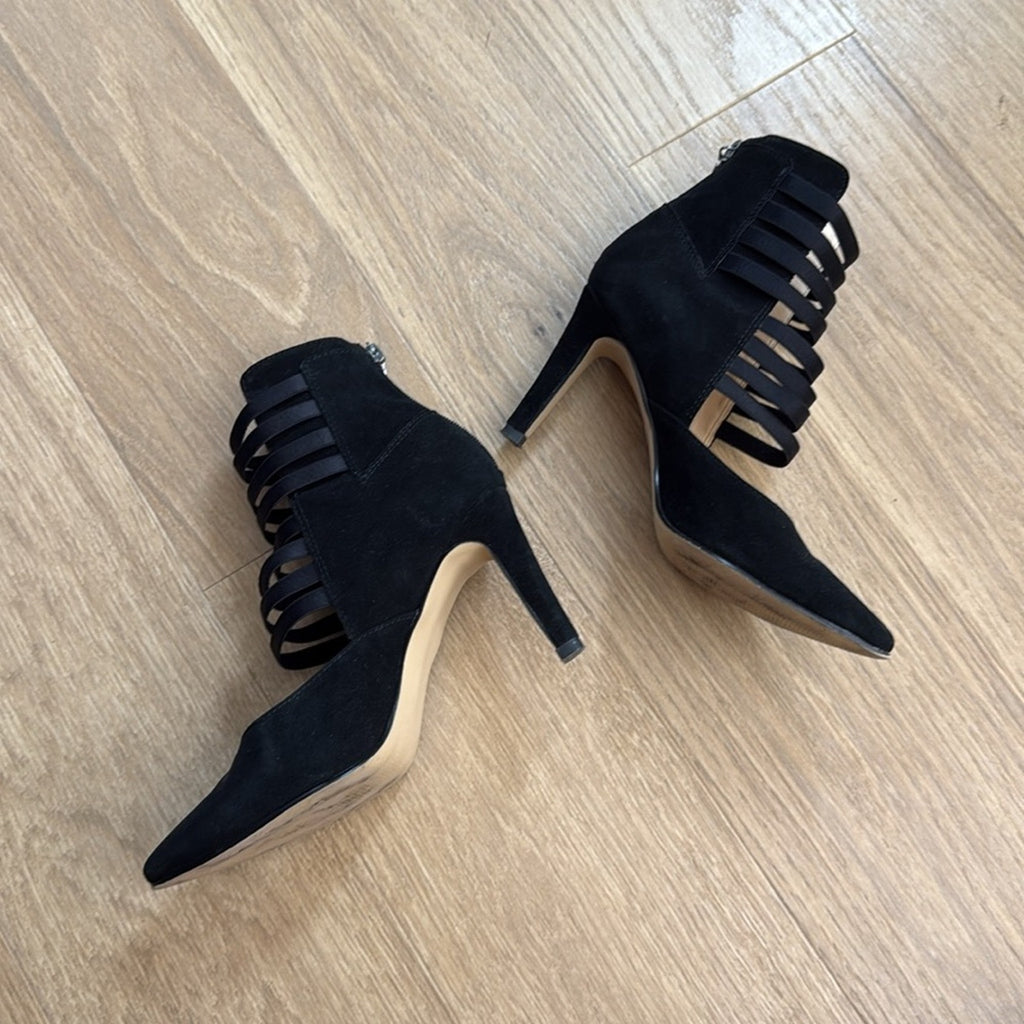 Michael Shannon Jayda Black Stiletto Heels with Cage Straps Leather Suede Sz 6.5