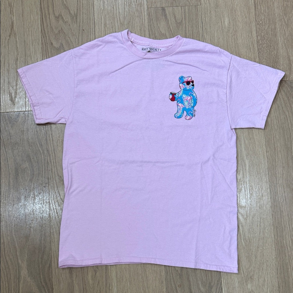 Riot Society Pink Crew Neck Bear Graphic T Shirt Size Medium