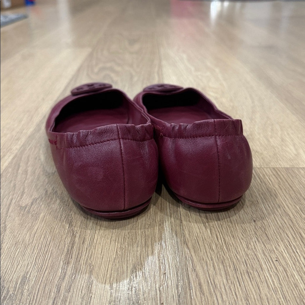 Tory Burch Minnie Travel Ballet Flats in Burgundy Nappa Leather Size 9.5