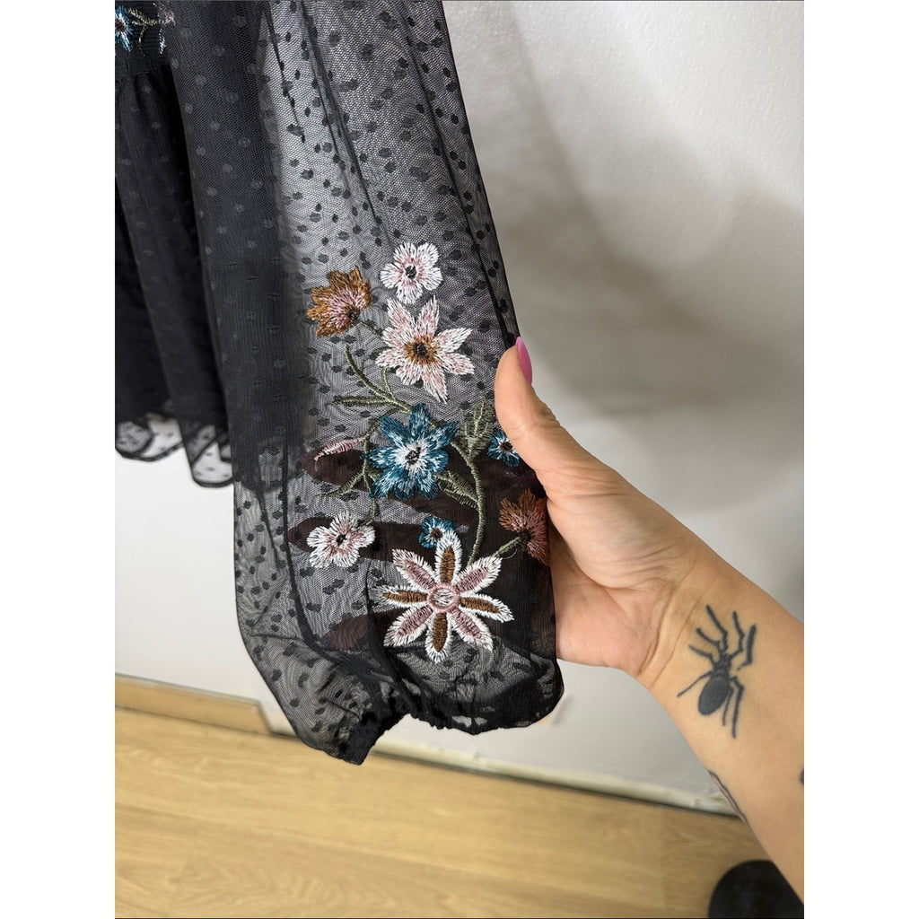Style & Co. Black Sheer Blouse with Multicolor Floral Embroidery Size 1X