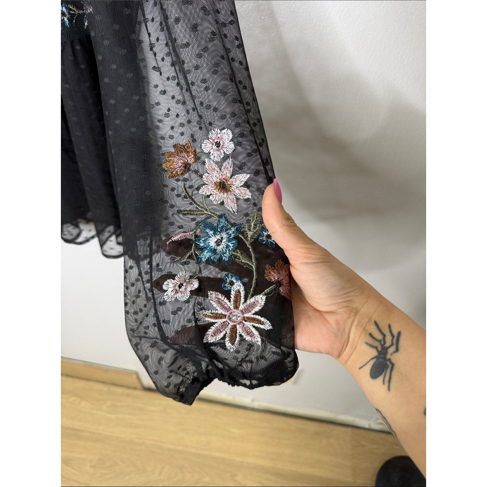 Style & Co. Black Sheer Blouse with Multicolor Floral Embroidery Size 1X
