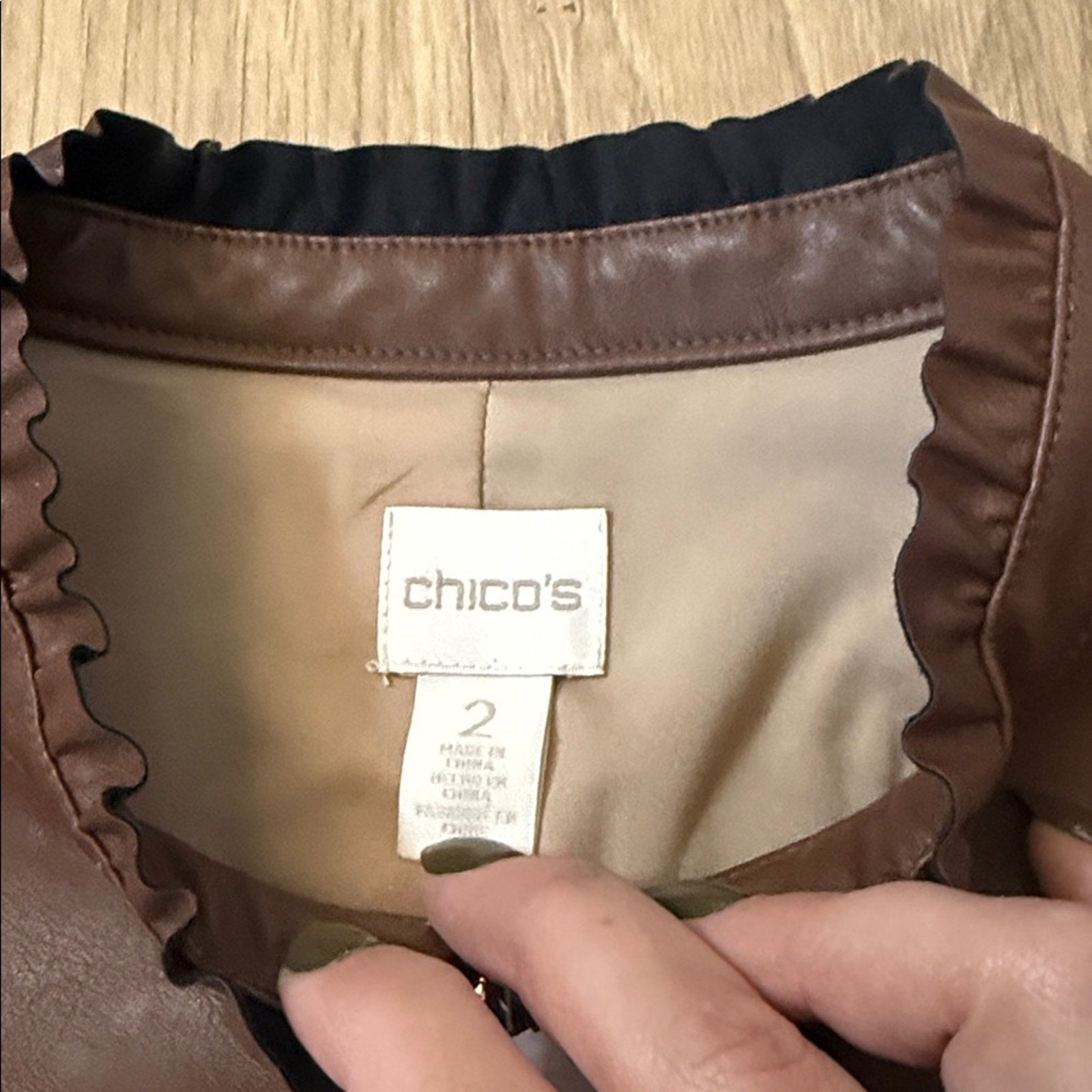 NWT Chico's Chocolate Brown Ruffle Trim Faux Leather Jacket - Size Large