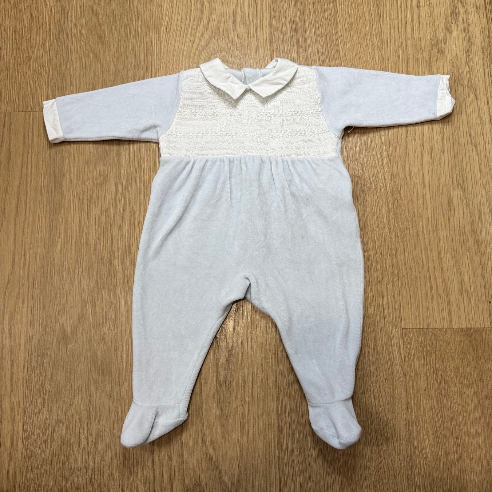 Tartine et Chocolat Baby Blue Velvet Smocked Long Sleeve Footie Collared One Piece Size 3 Months