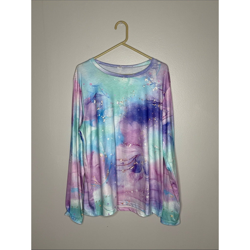 Pastel Watercolor Long Sleeve Top - Mint, Lavender, Blue Size XXL