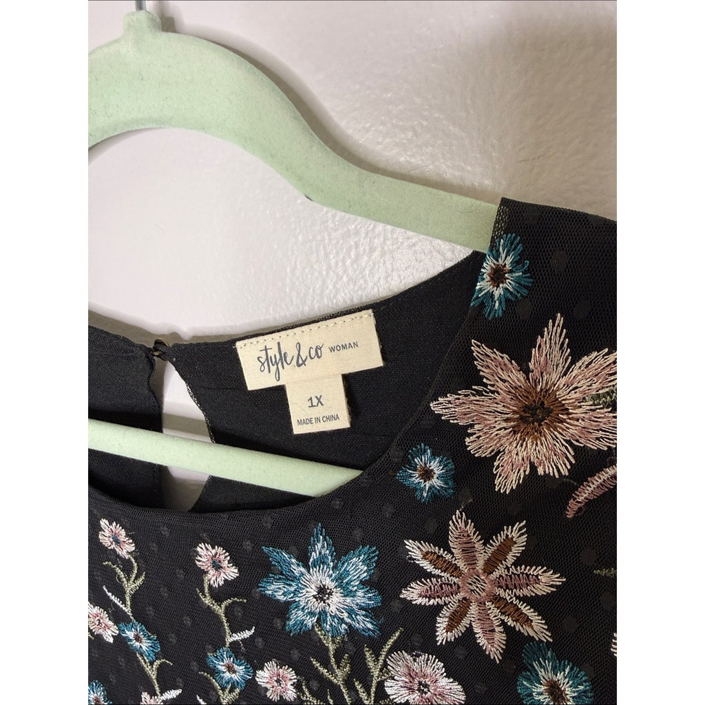 Style & Co. Black Sheer Blouse with Multicolor Floral Embroidery Size 1X