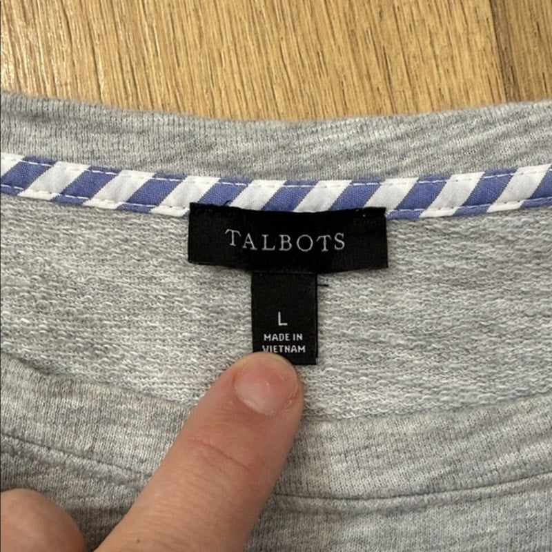 Talbots Gray Long Sleeve Layered-Look Top with Navy-White Stripe Hem Large