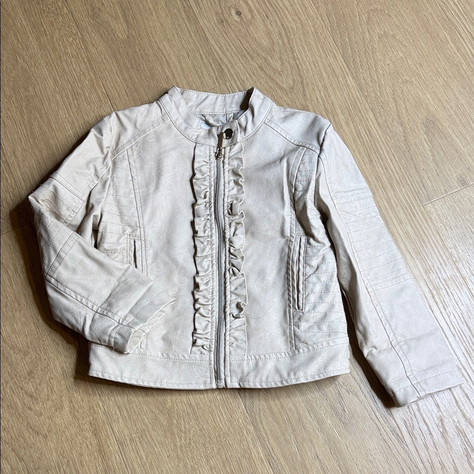 Mayoral Cream/Tan Ruffle Detail Faux Leather Jacket for Kids Size 4