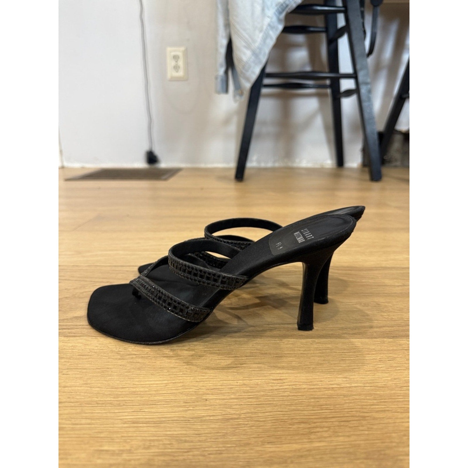 Stuart Weitzman Corona Black Peau Strappy Rhinestone Evening Sandal Heels Sz 9.5
