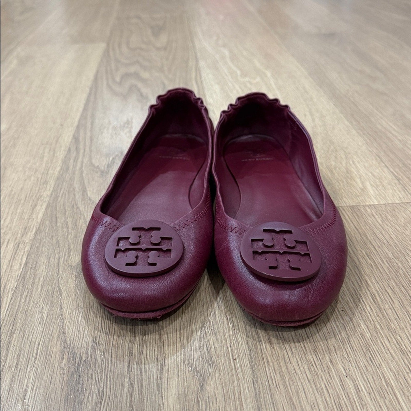 Tory Burch Minnie Travel Ballet Flats in Burgundy Nappa Leather Size 9.5