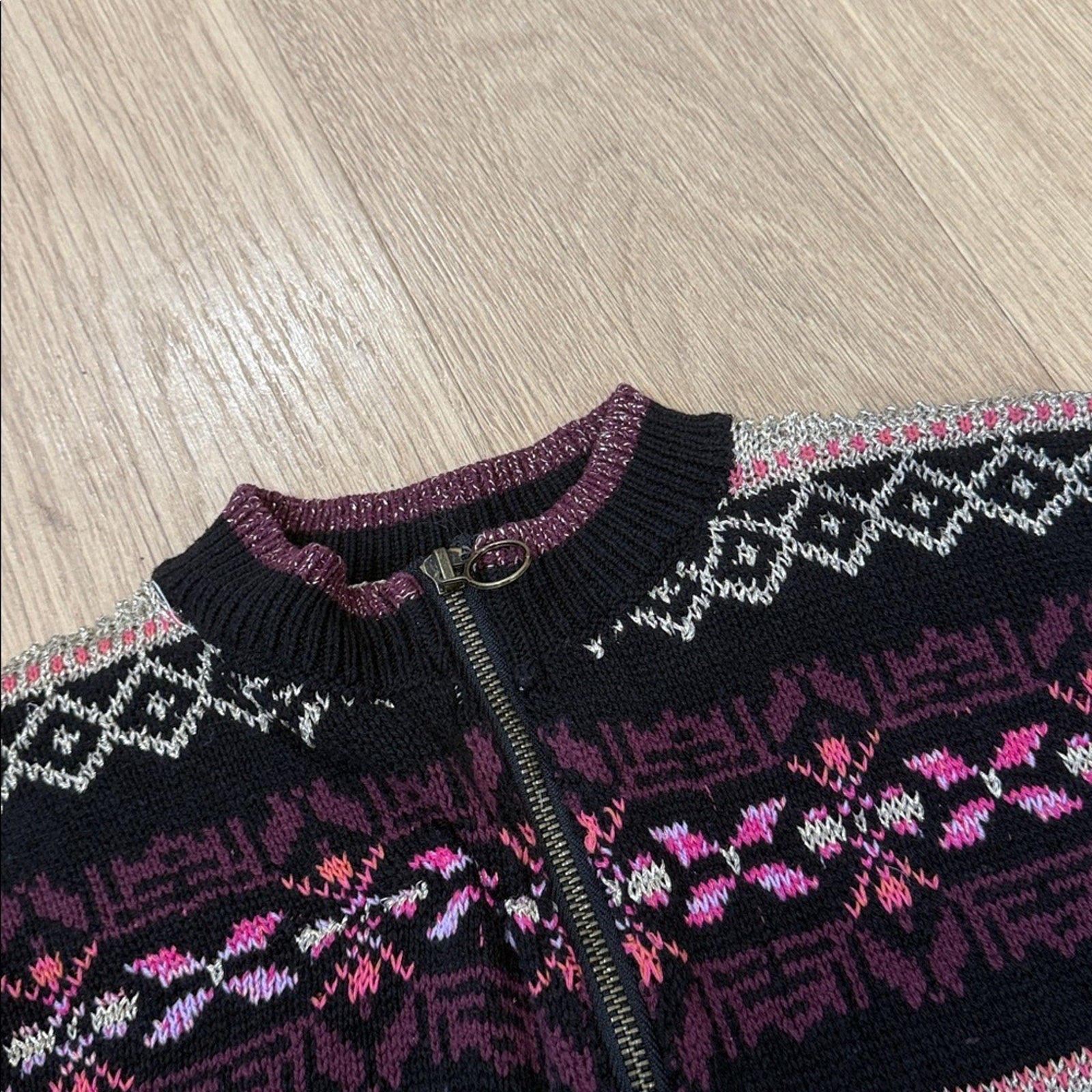 Free People Cozy Cottage Sweater in Black Multicolor Fair Isle Pattern Size XS