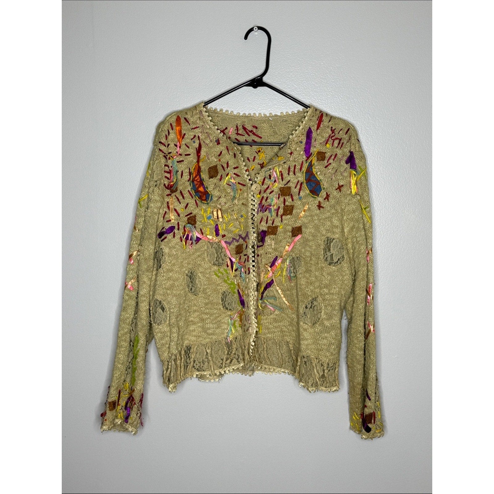 Embellished Beige Women’s Knit Sweater Cardigan Size L/XL