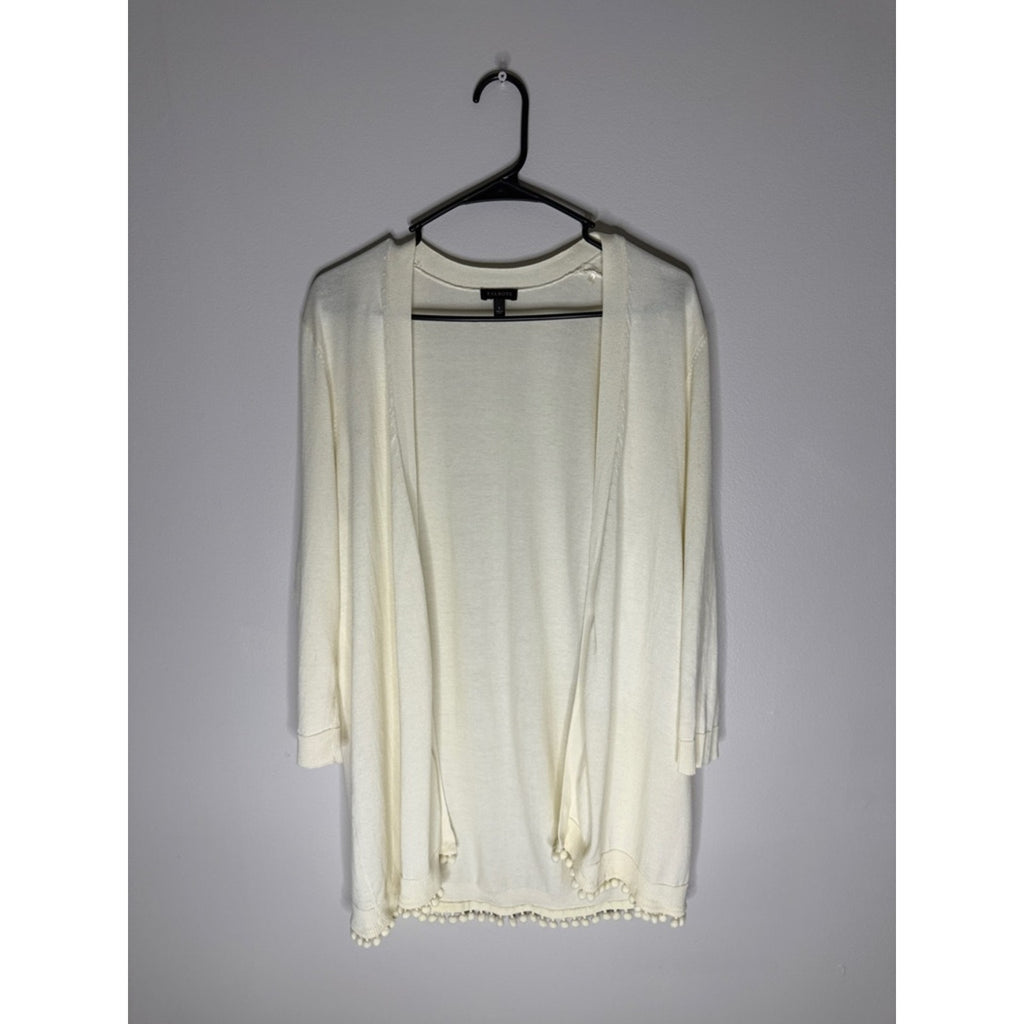Talbots Cream Open-Front Cardigan with Pom-Pom Trim Size Large
