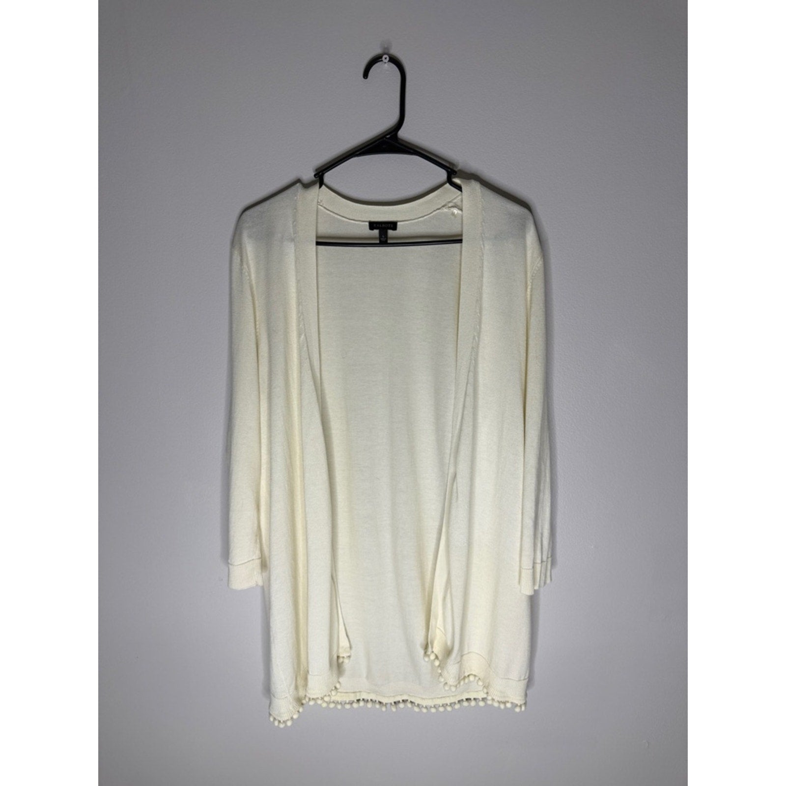 Talbots Cream Open-Front Cardigan with Pom-Pom Trim Size Large