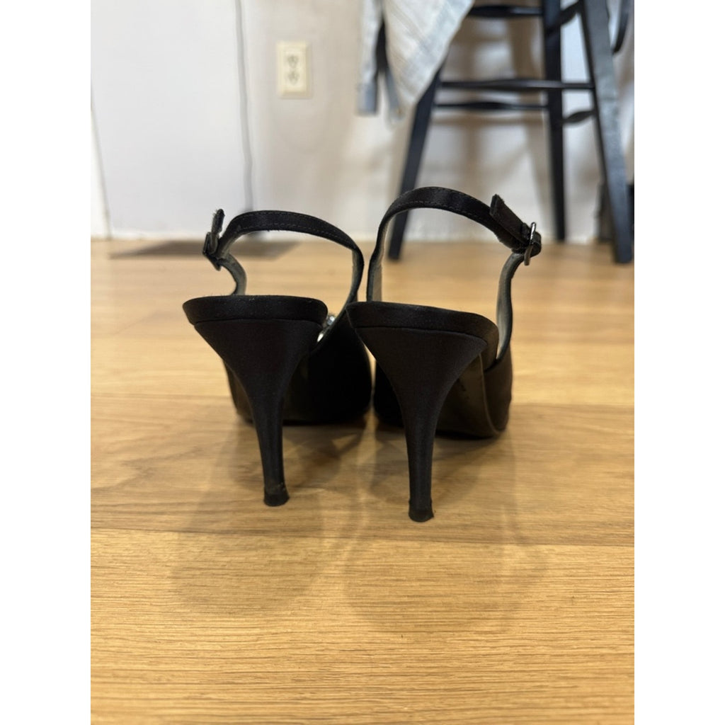 Stuart Weitzman Astrology Black Satin Embellished Peep-Toe Slingback Heels 9.5