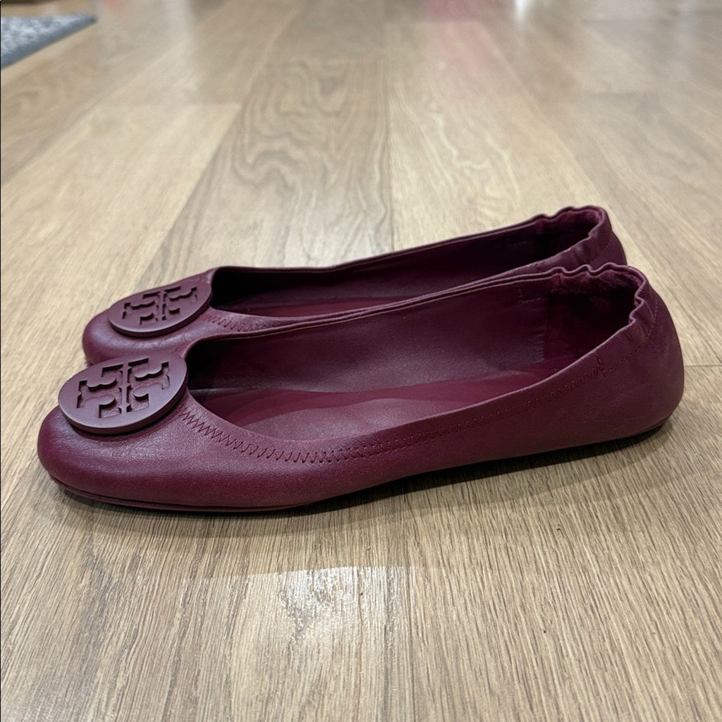 Tory Burch Minnie Travel Ballet Flats in Burgundy Nappa Leather Size 9.5