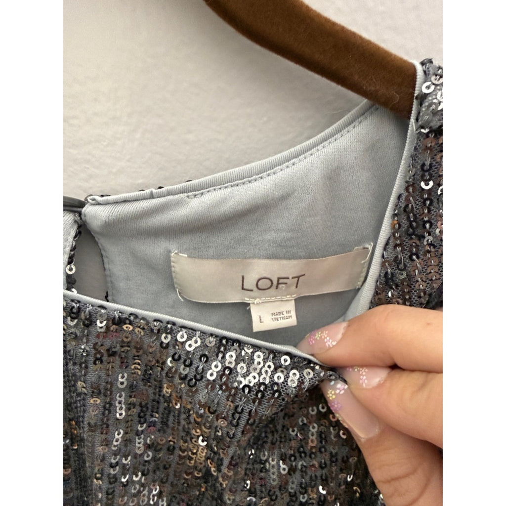 Loft Silver Sequin Cap-Sleeve Top Size Large