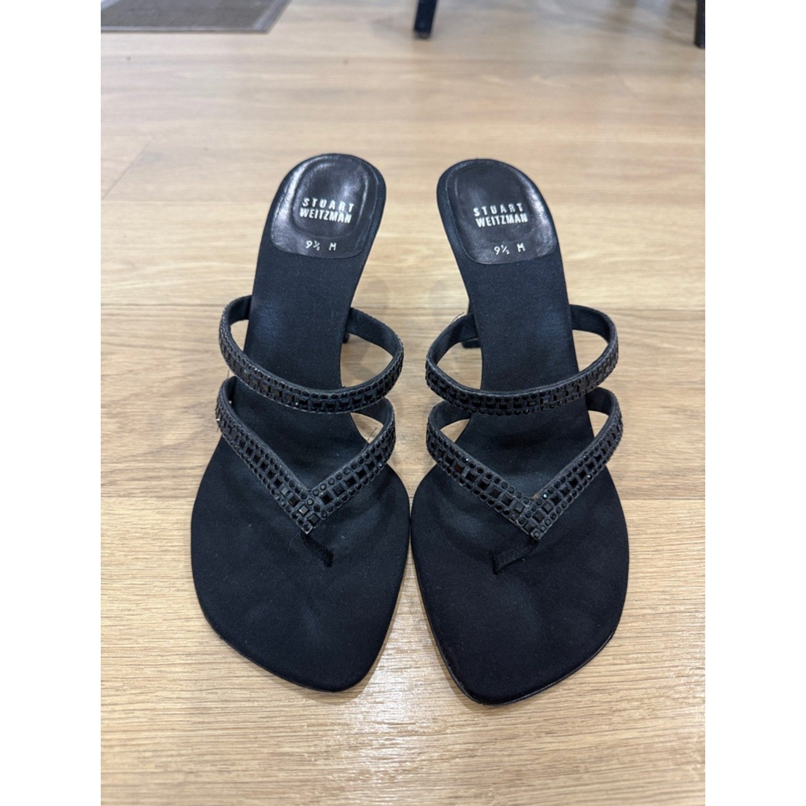 Stuart Weitzman Corona Black Peau Strappy Rhinestone Evening Sandal Heels Sz 9.5