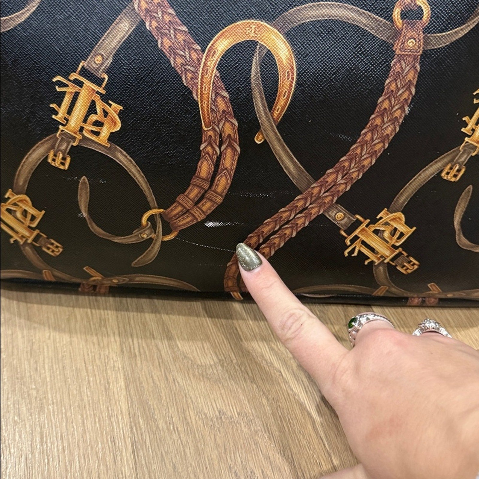 Lauren Ralph Lauren Caldwell Belting Equestrian Print PVC Tote Bag Leather Trim