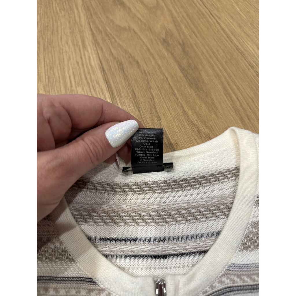 Ann Taylor Gray and White Striped Knit Crew Neck Cardigan Size Small