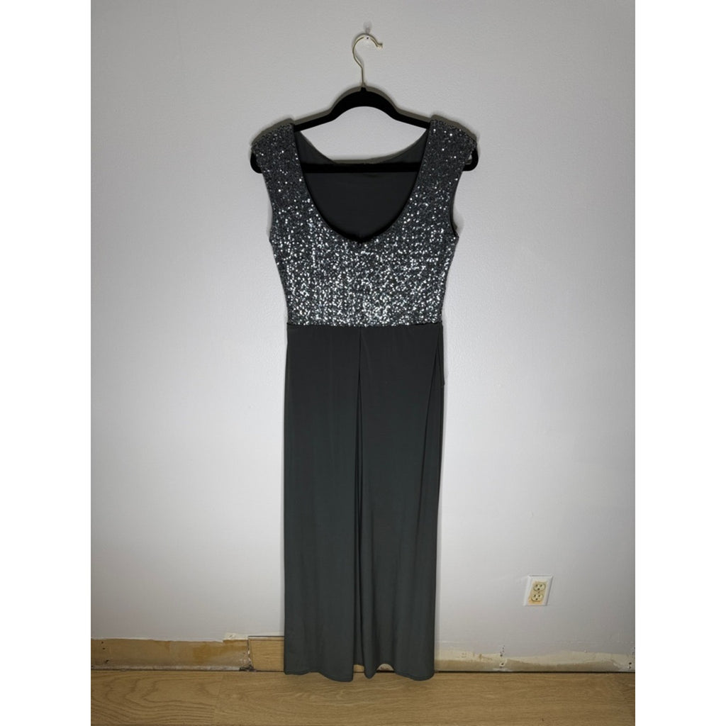 Lauren Ralph Lauren Silver Sequin Bodice with Charcoal Skirt Maxi Dress Size 10