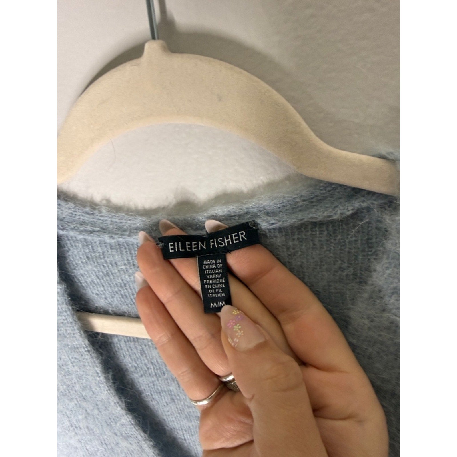 Eileen Fisher Light Blue V-Neck Fuzzy Knit Sweater Size Medium