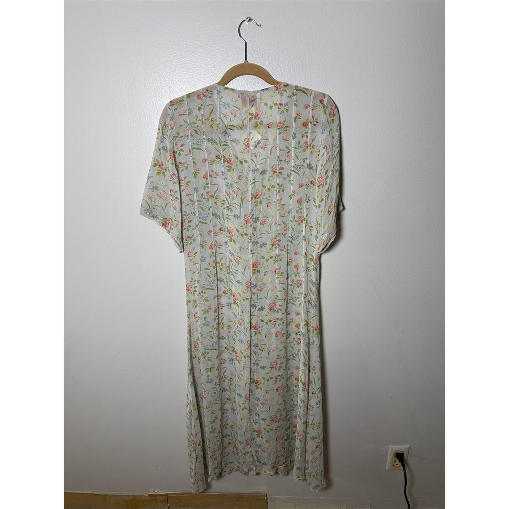 April Cornell Pale Green Floral Button-Front Dress with Pink Roses Size Large