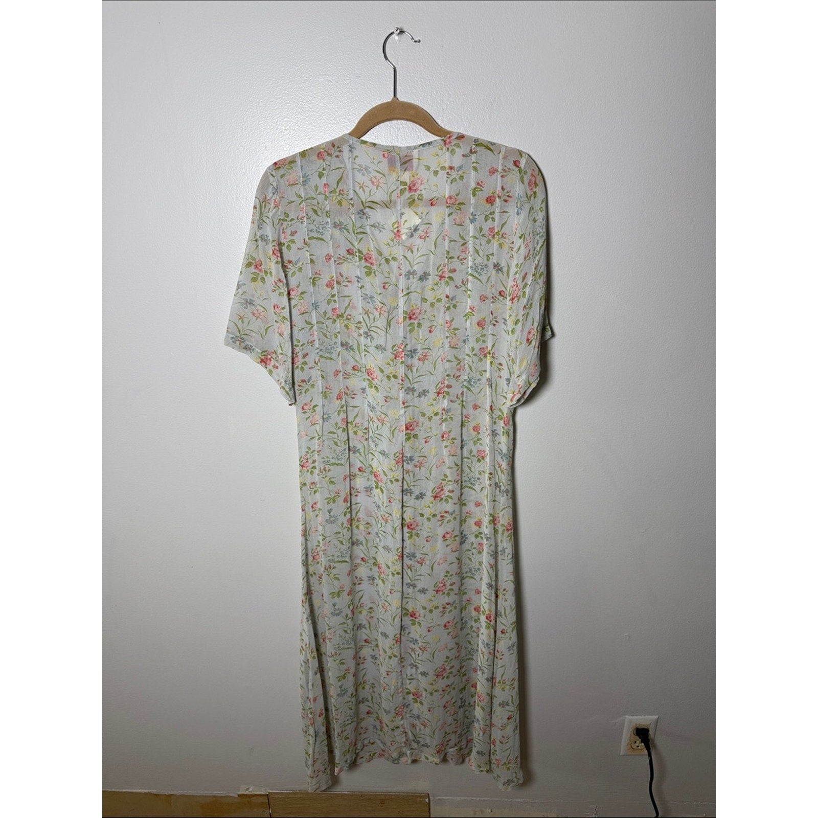 April Cornell Pale Green Floral Button-Front Dress with Pink Roses Size Large