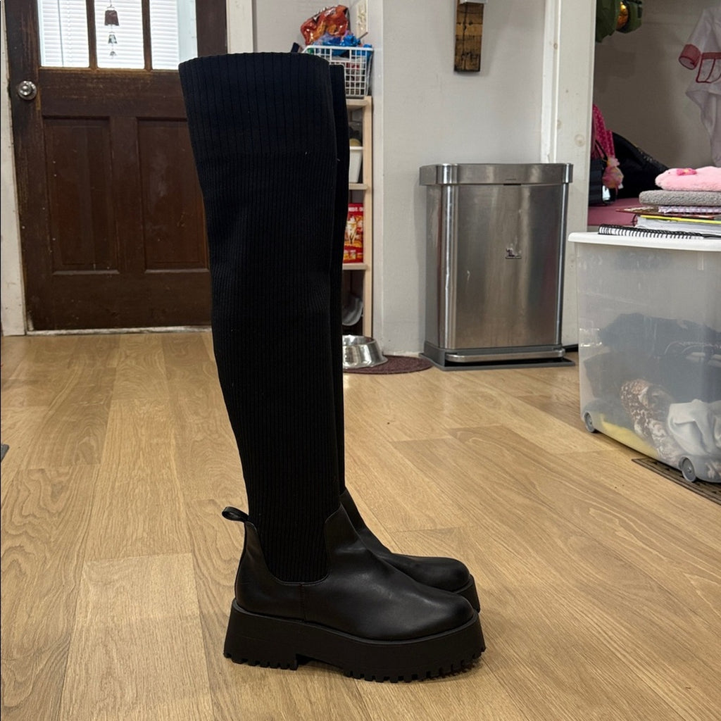 Madden Girl Black Over-the-Knee Stretch Knit Lug Sole Boots - Size 10