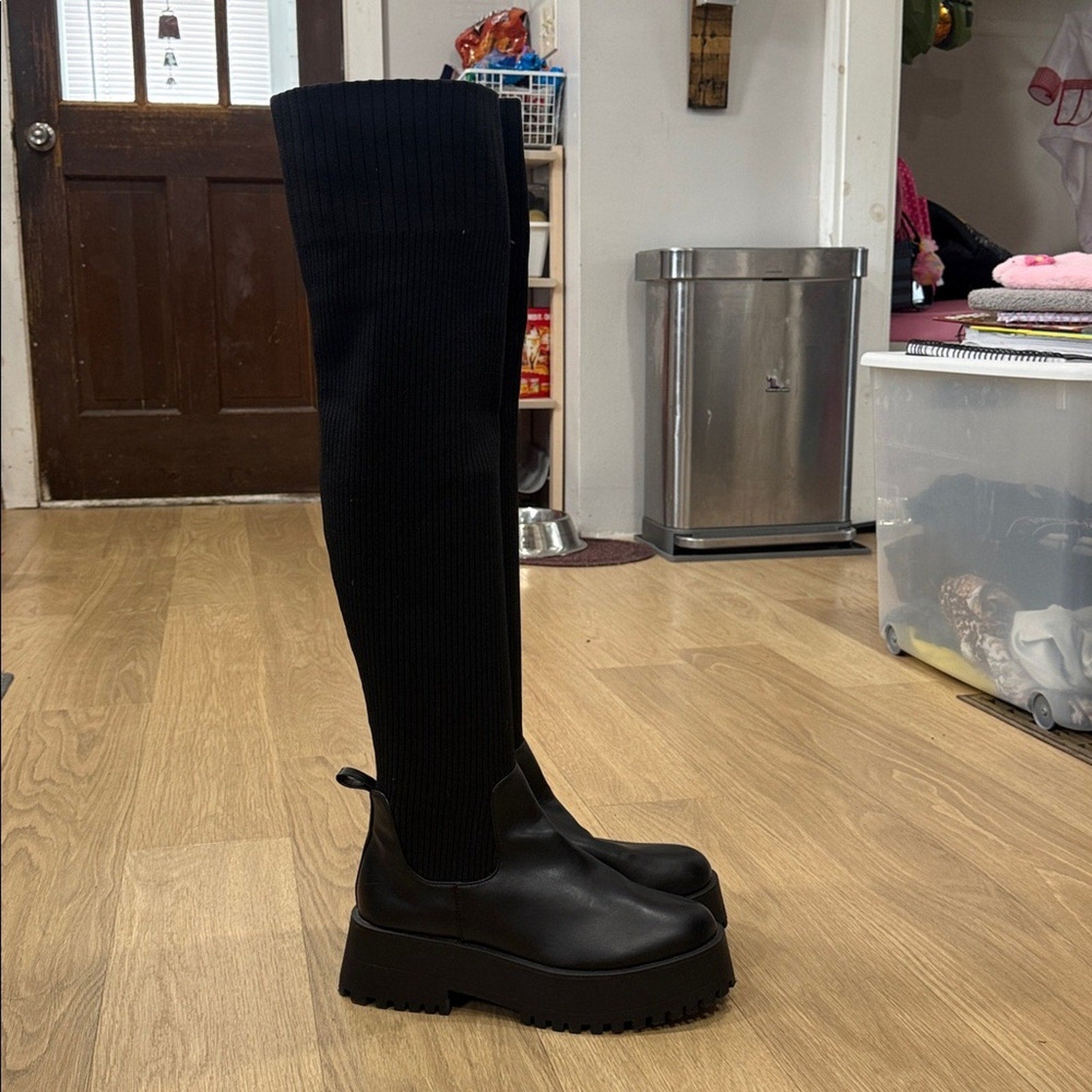 Madden Girl Black Over-the-Knee Stretch Knit Lug Sole Boots - Size 10