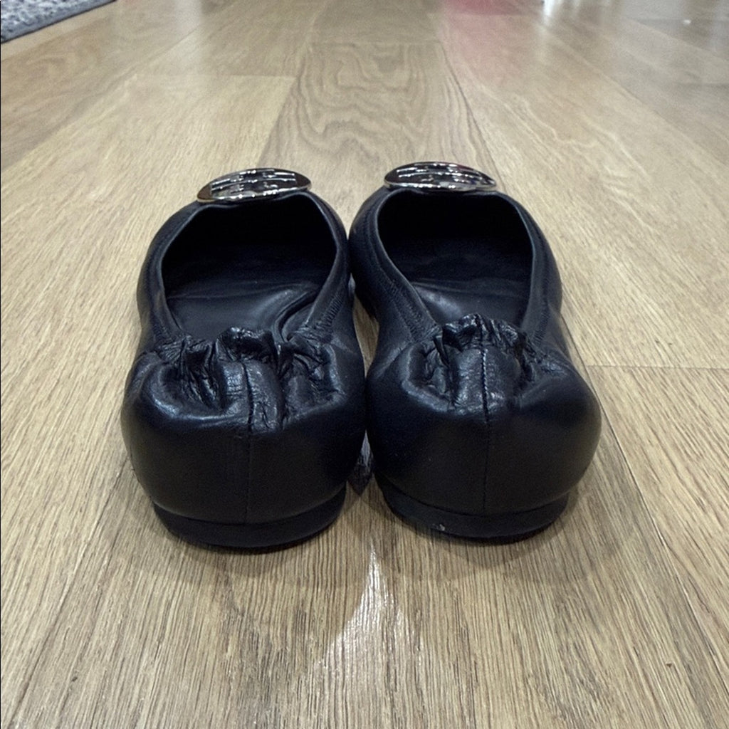 Tory Burch Black Travel Reva Ballet Flats with Silver Logo Size 9.5