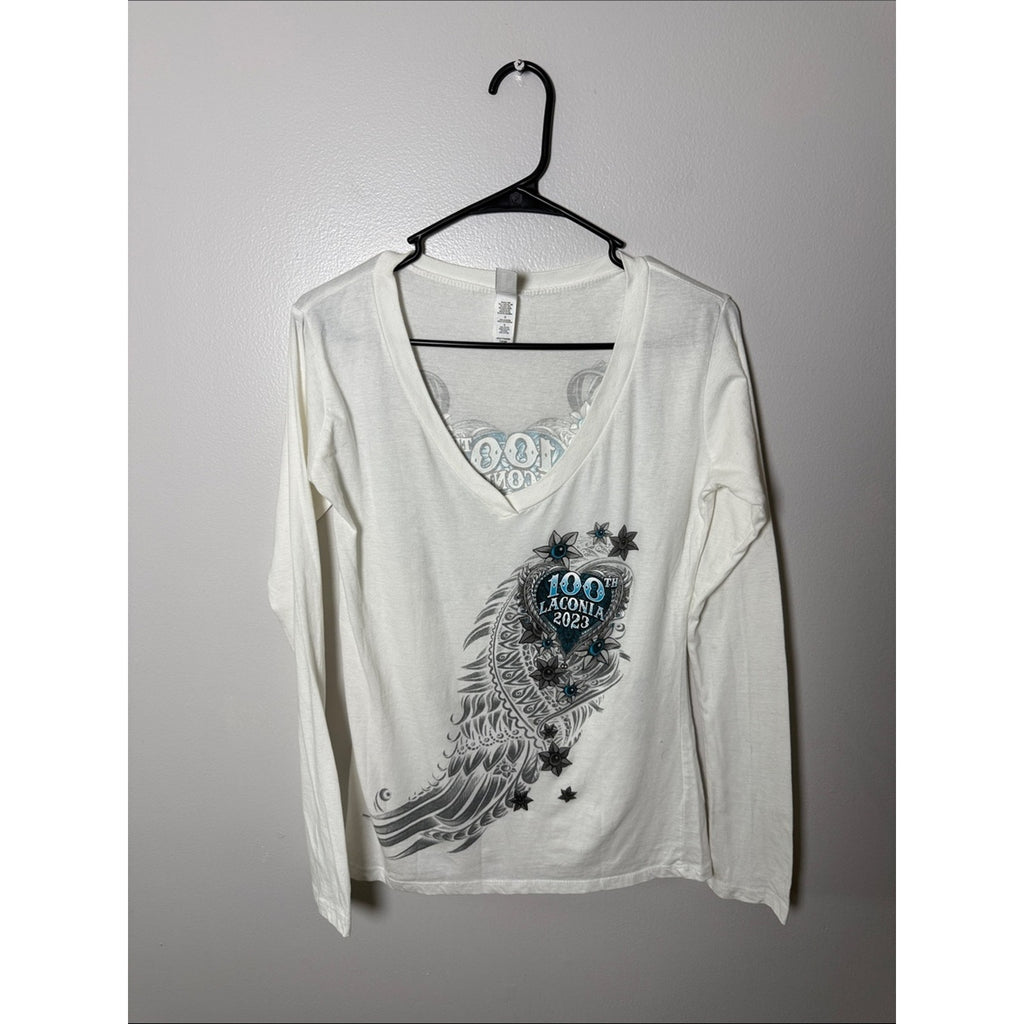 Hot Leathers White V-neck Graphic Long Sleeve Tee - '100th Laconia 2023' Large