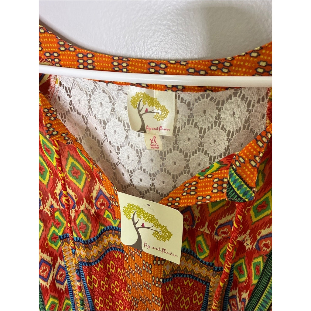 fig and flower Orange Multicolor Boho Tunic Top Size XL