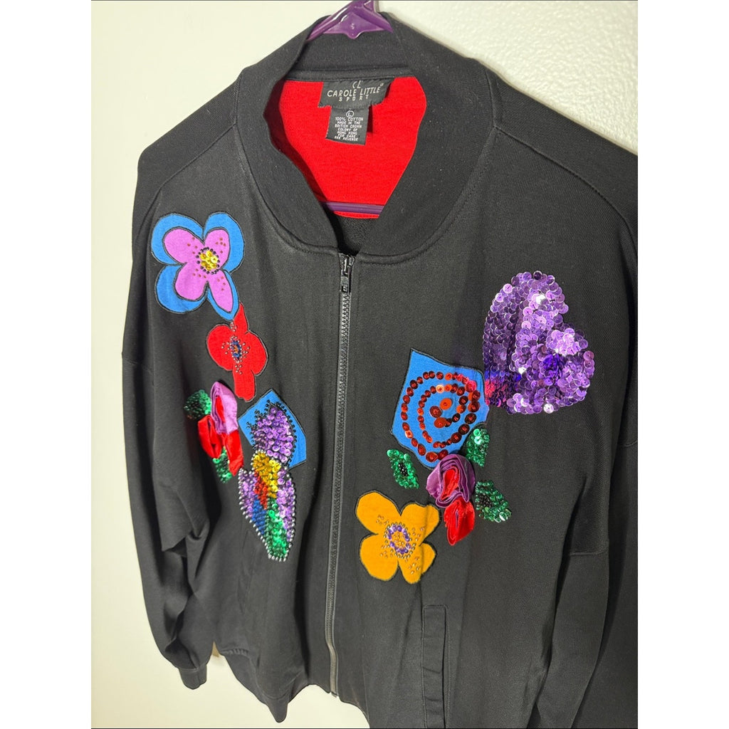Carole Little Black Jacket with Red Lining and Multicolor Floral Size Large
