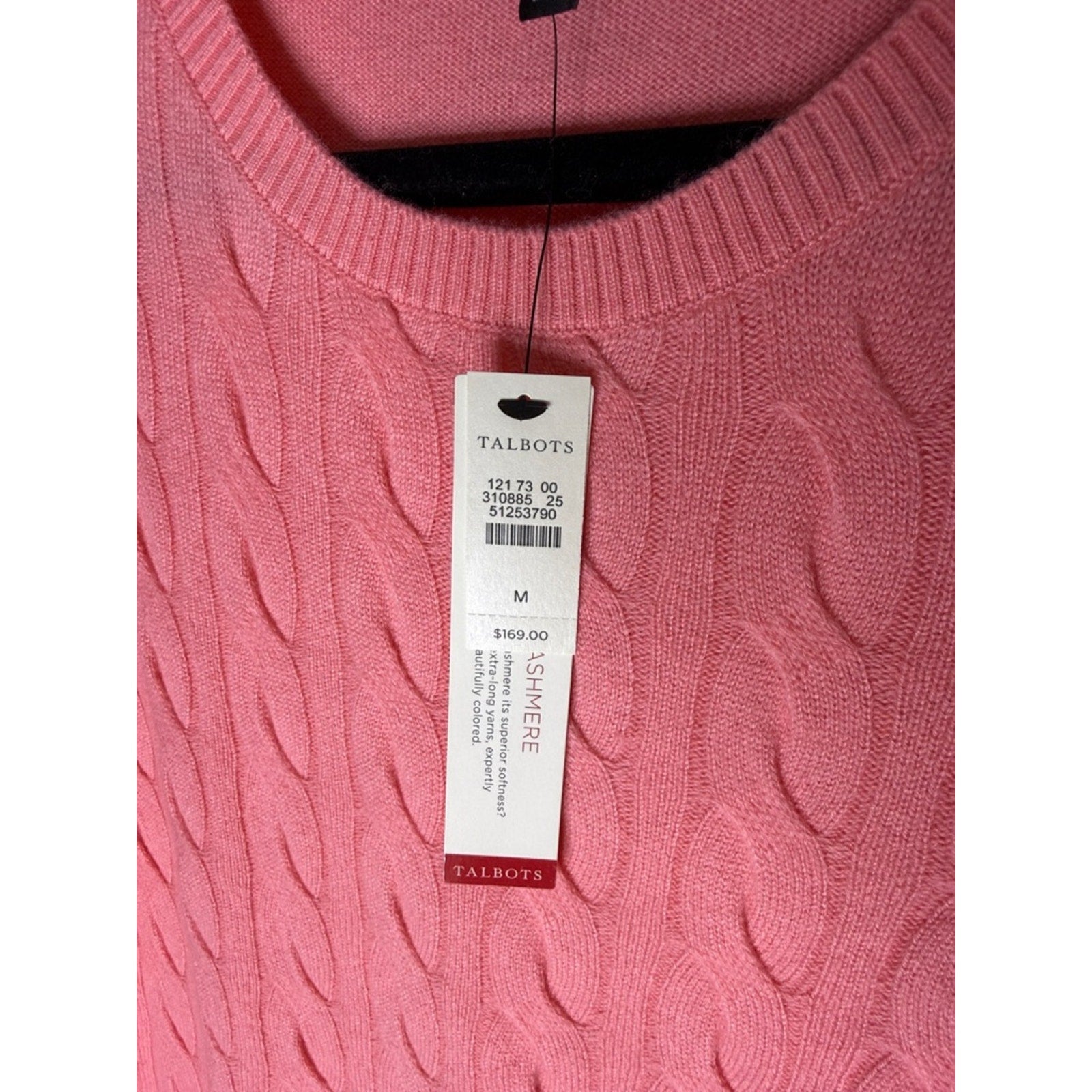 Talbots Coral Cable Crewneck Cashmere Sweater Size Medium NEW!
