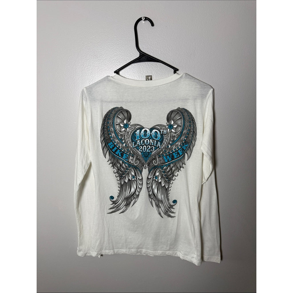 Hot Leathers White V-neck Graphic Long Sleeve Tee - '100th Laconia 2023' Large