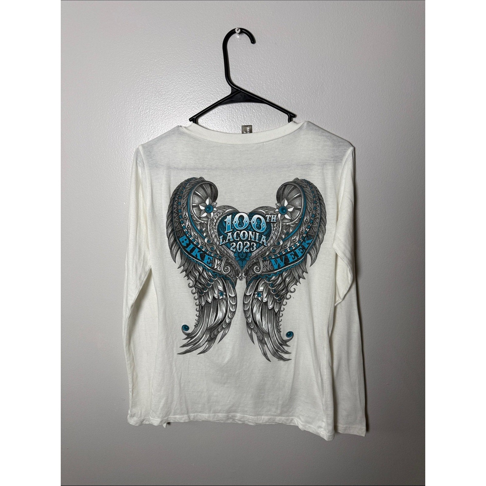 Hot Leathers White V-neck Graphic Long Sleeve Tee - '100th Laconia 2023' Large