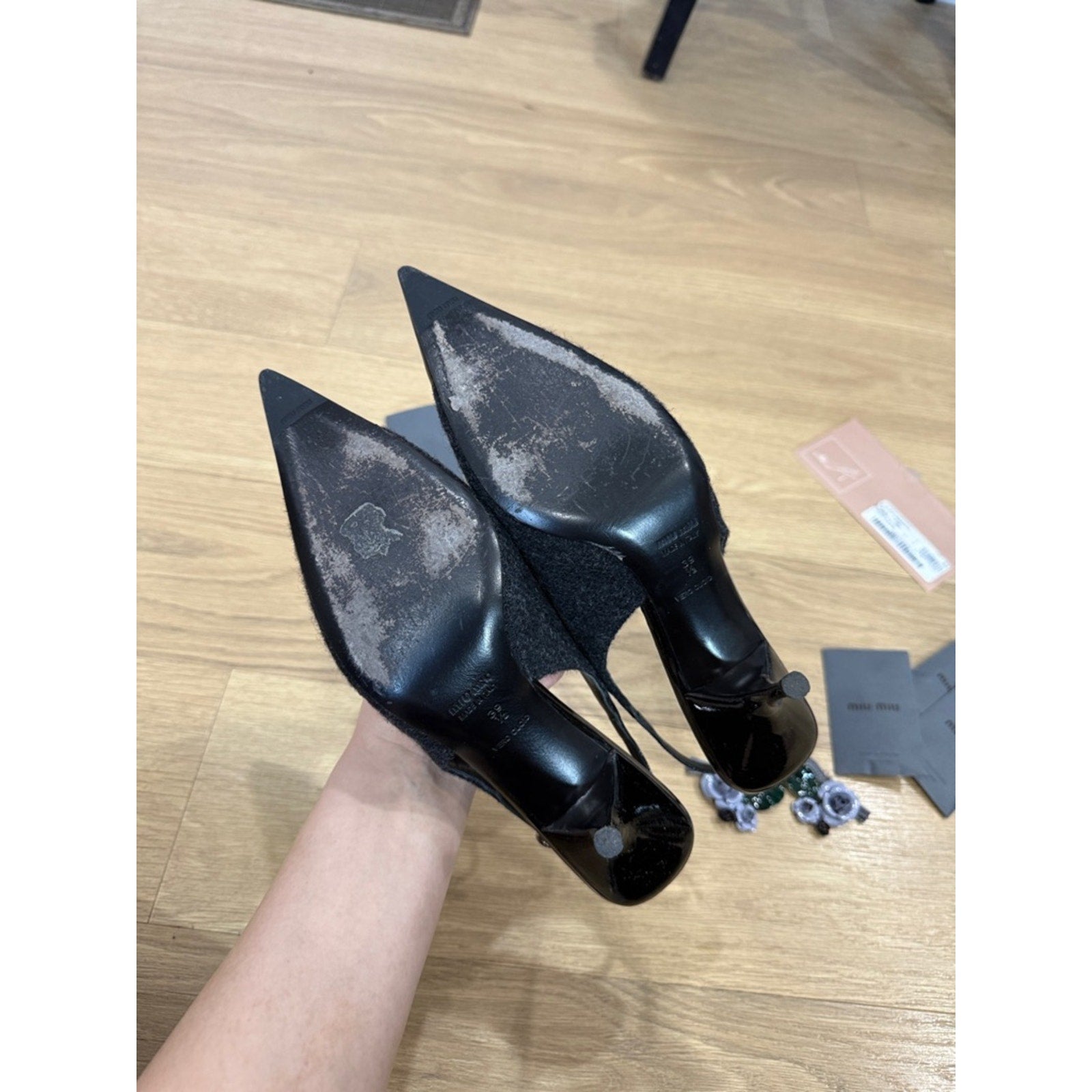 Miu Miu Black Pointed-Toe Slingback Heels with Floral Embellishment Size 9.5