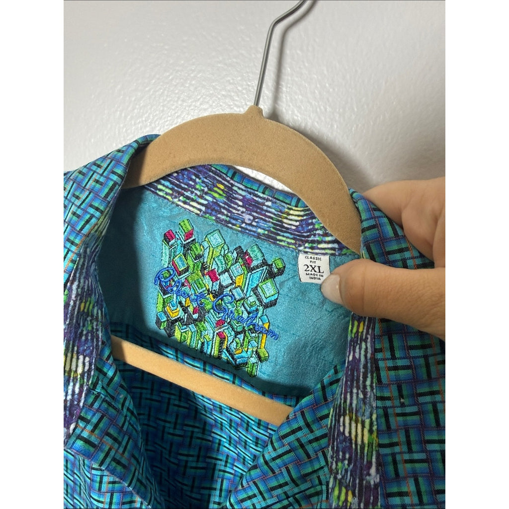 Robert Graham Classic Short-Sleeve Button-Down Shirt - Teal & Blue Geometric 2XL